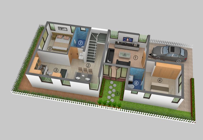 Furnished 3D floor plan of a two-bedroom house