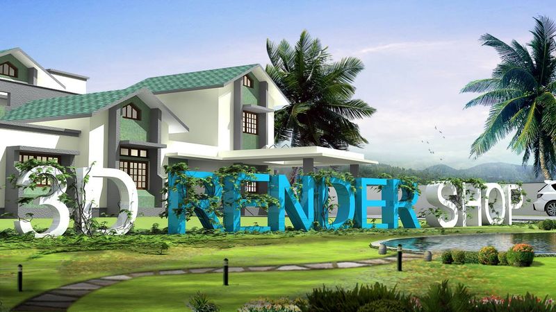 3D exterior rendering of a residential bungalow with landscaped lawn