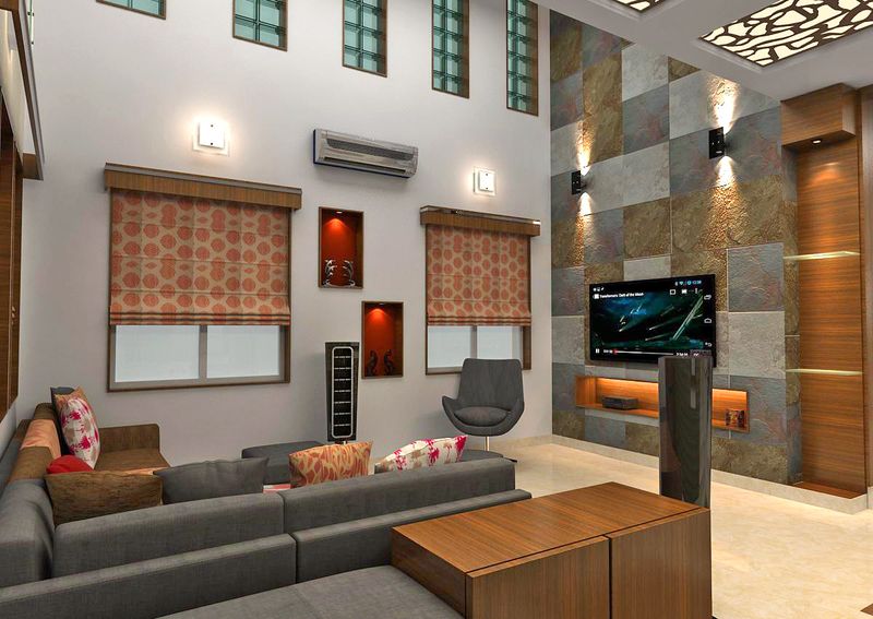 3D interior rendering of a modern living room with stone feature wall