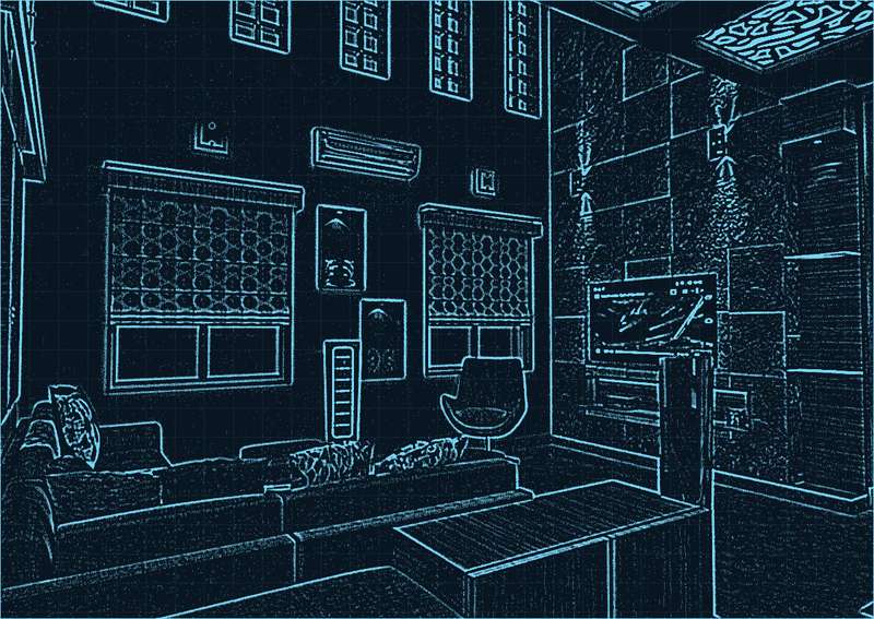 Wireframe model of a living room interior