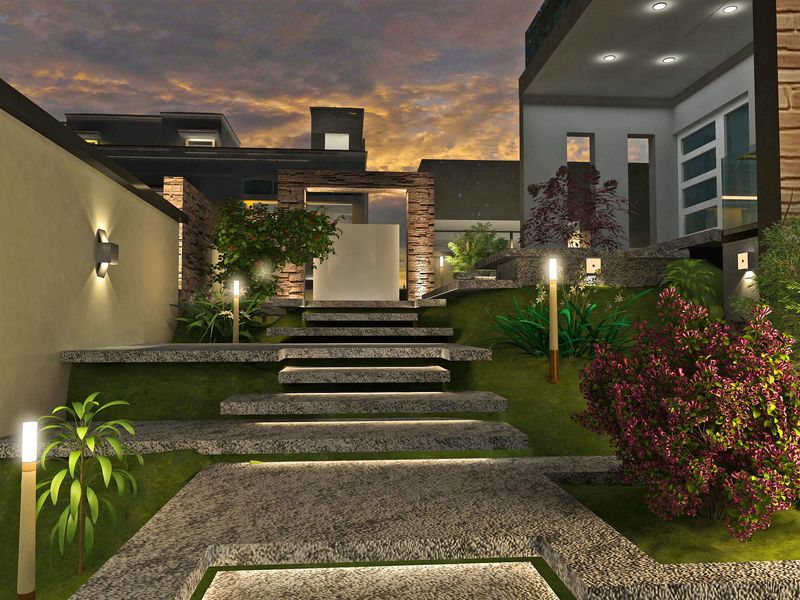 3D landscape rendering of a garden with stone steps and path lighting at dusk